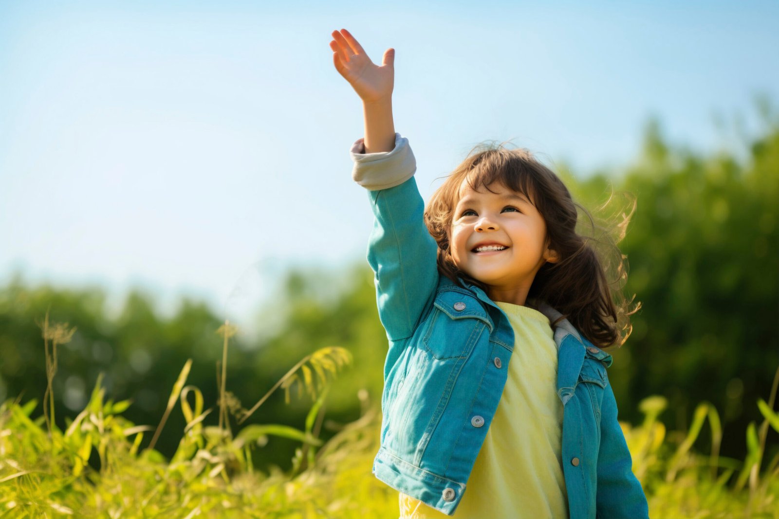 young girl field raising hand up scaled